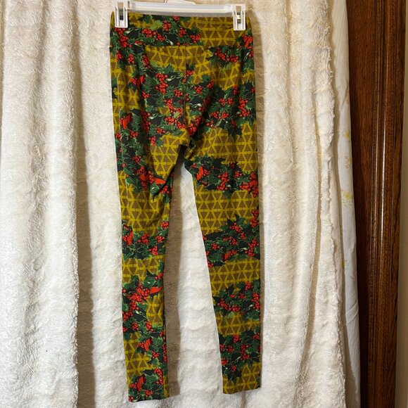LuLaRoe One Size Leggings Retro CHRISTMAS Gold Trees Holly Holidays Soft Stretch - Picture 4 of 7